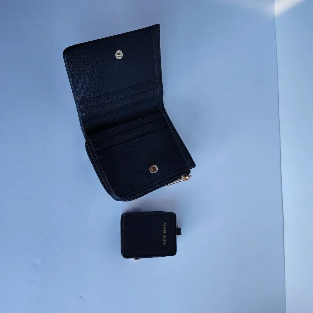 Ladies Anne Klein Black Faux Leather Bifold Wallet & Sanitizer Key Chain